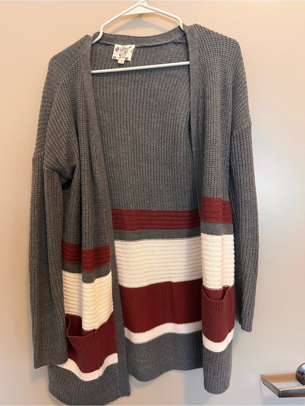 Bose Gray Cardigan with Burgundy and Cream Stripes